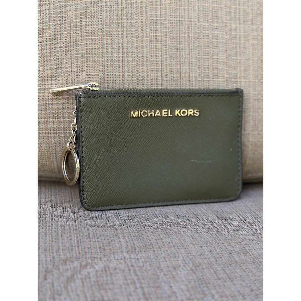 Michael Kors Green Leather ID/Document Holder Wallet Zip Keyring Logo